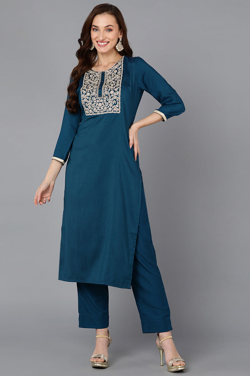 Teal Silk Blend Straight Kurta VCK9125