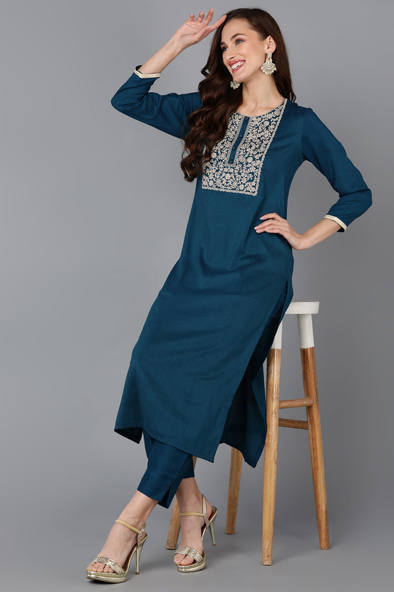 Teal Silk Blend Straight Kurta VCK9125