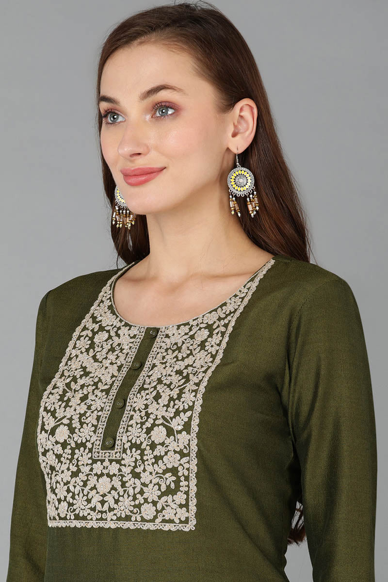 Olive Silk Blend Straight Kurta 