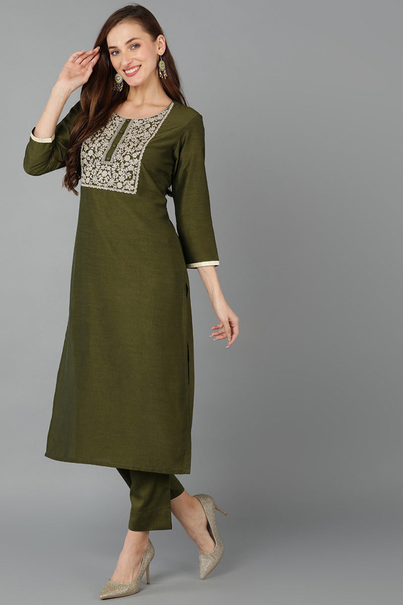 Olive Silk Blend Straight Kurta VCK9126