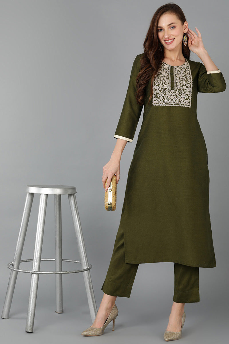 Olive Silk Blend Straight Kurta VCK9126