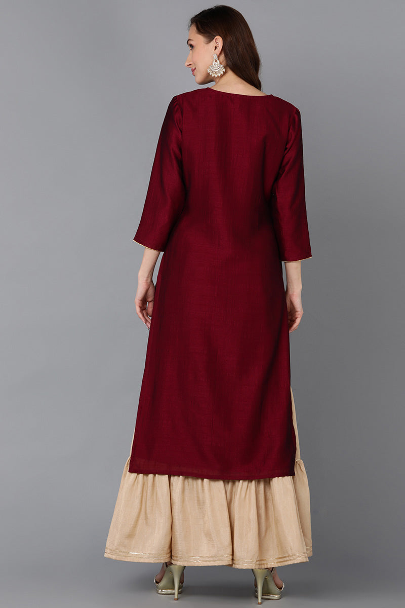 Maroon Silk Blend Straight Kurta 