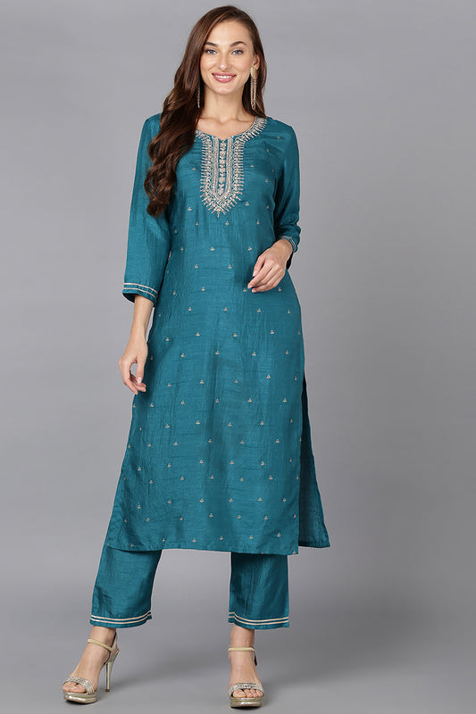 Teal Silk Blend Straight Kurtas VCK9173