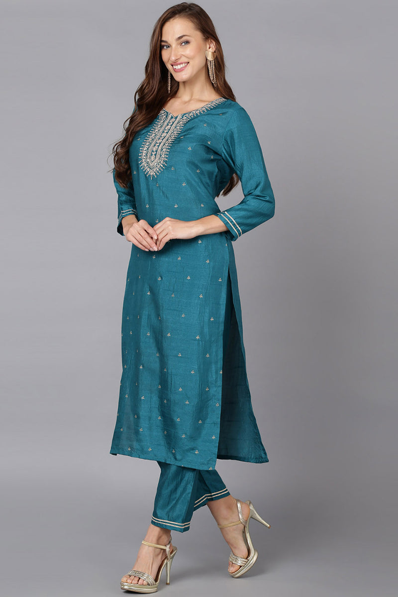 Teal Silk Blend Straight Kurtas VCK9173