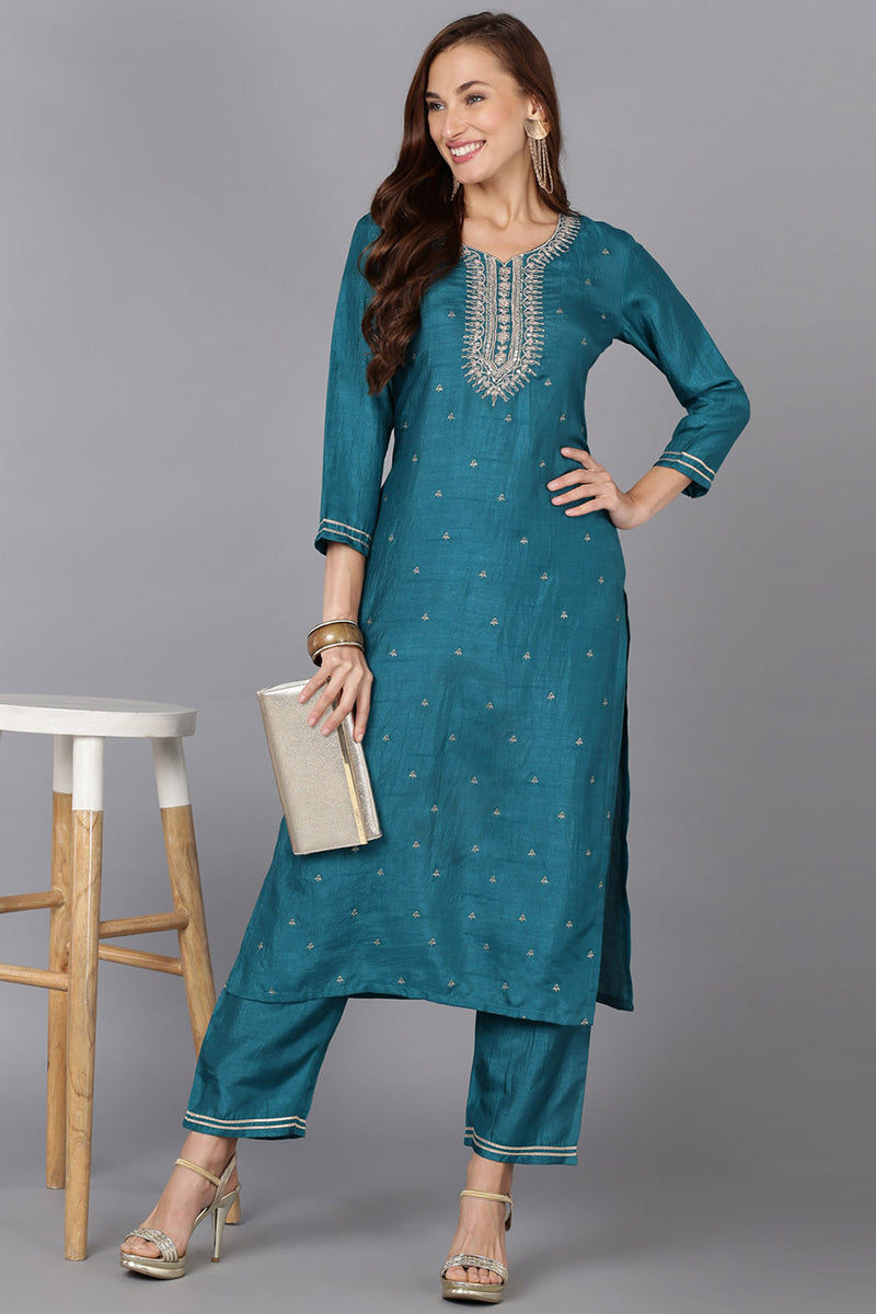 Teal Silk Blend Straight Kurtas VCK9173