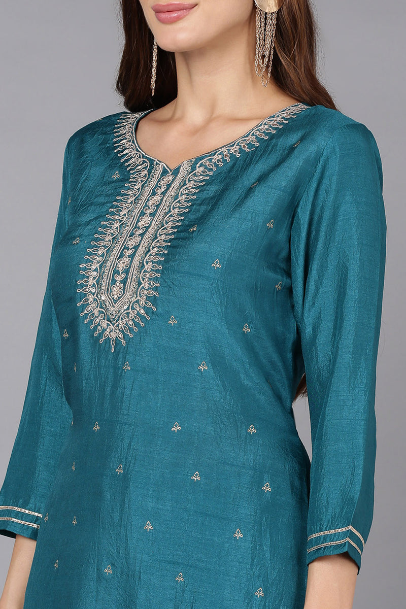 Teal Silk Blend Straight Kurtas VCK9173