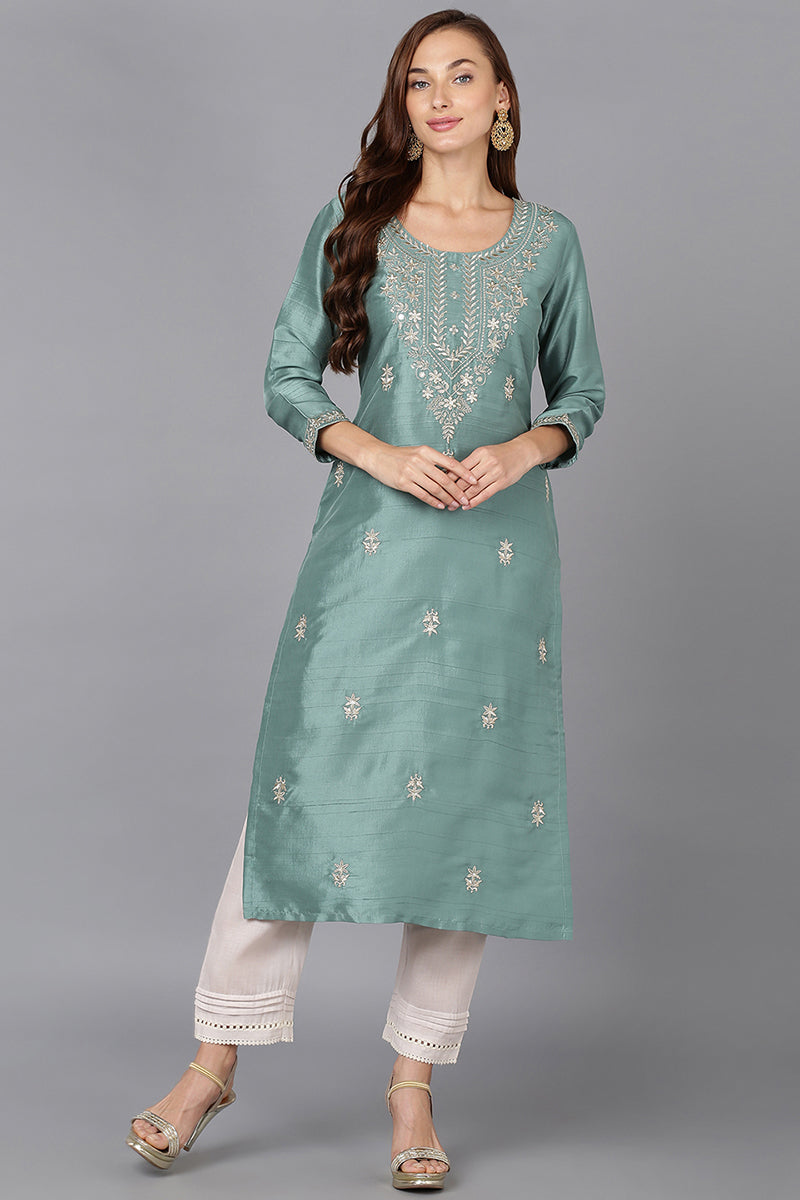 Teal Silk Blend Straight Kurtas VCK9176