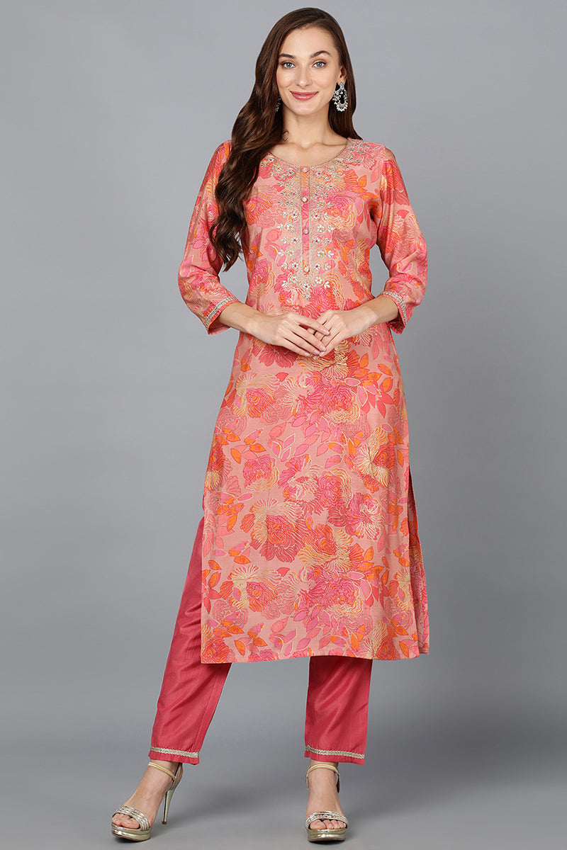 Peach Silk Blend Straight Kurtas VCK9196