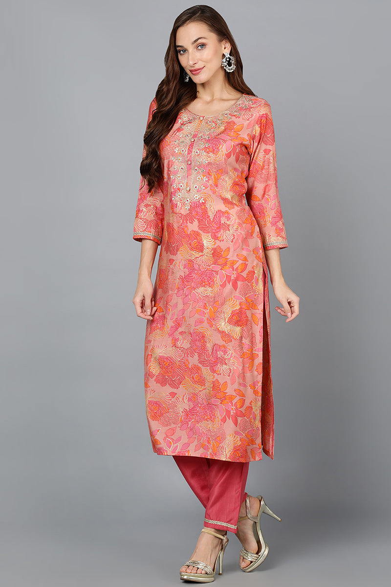 Peach Silk Blend Straight Kurtas VCK9196