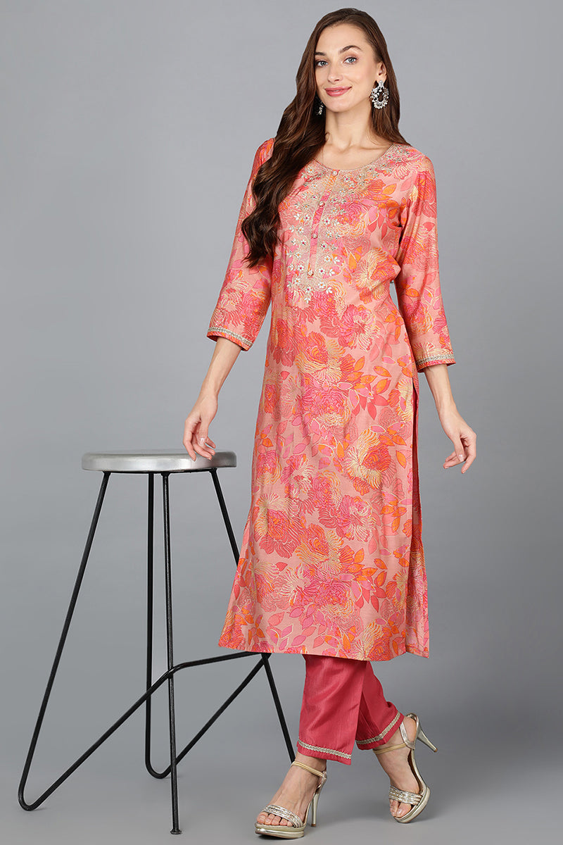 Peach Silk Blend Straight Kurtas VCK9196