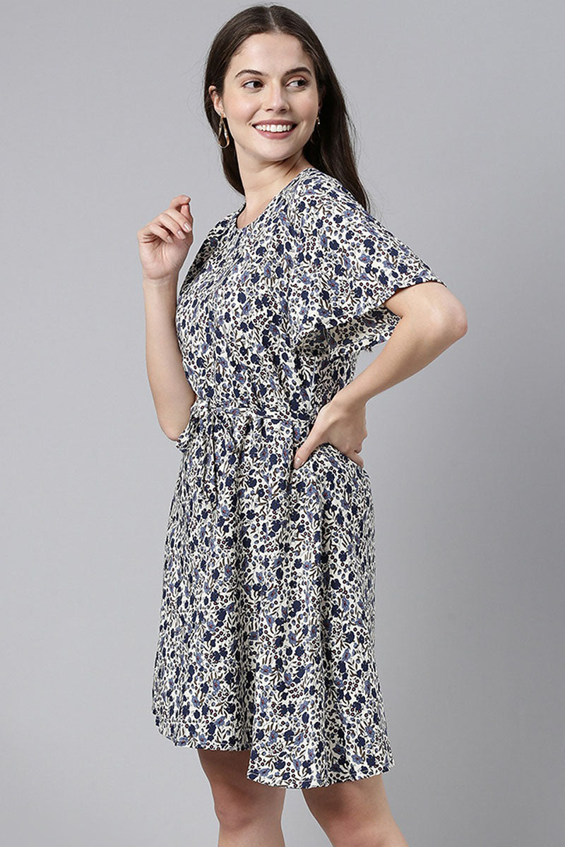 Ahika Women Off-White & Navy Blue Printed Fit & Flare Dress
