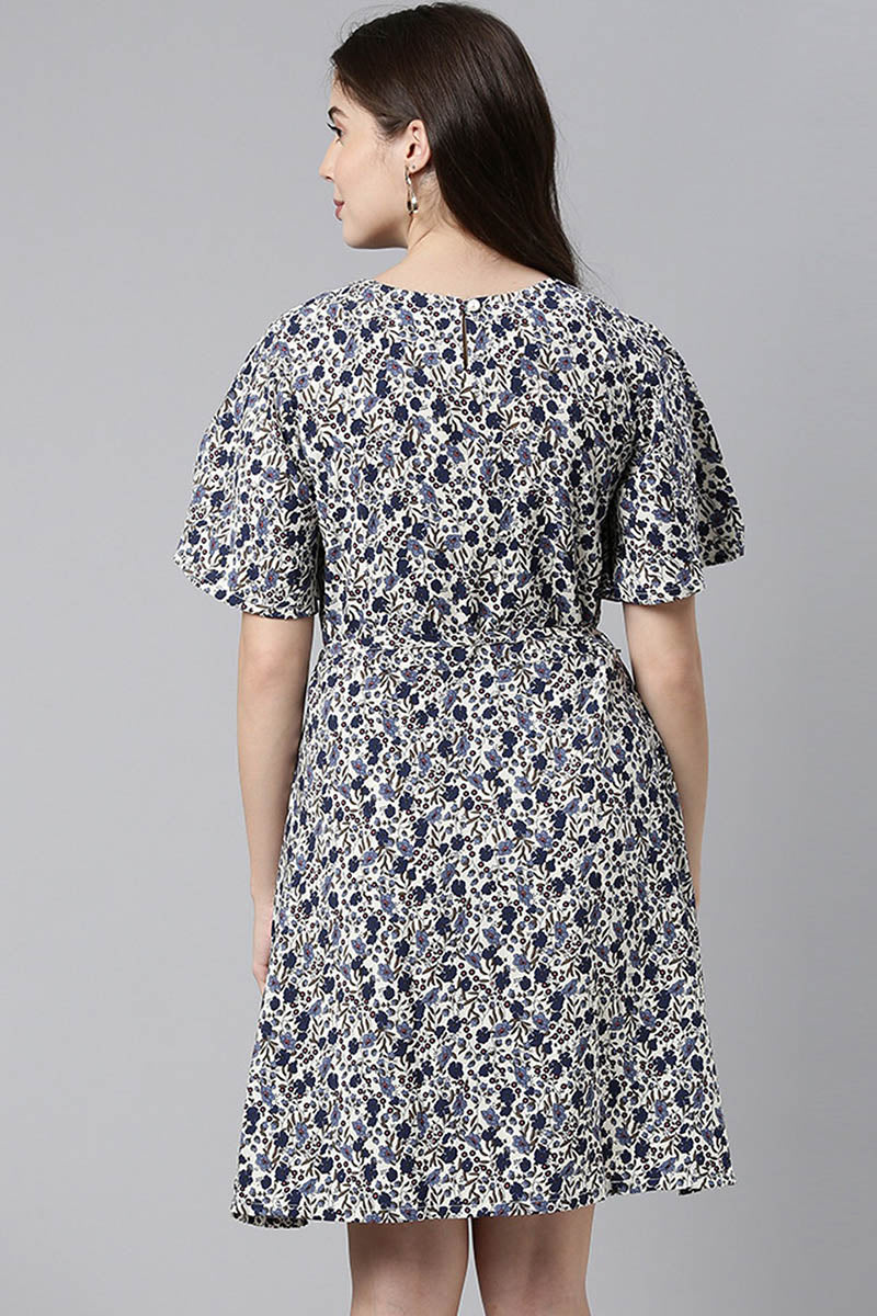 Ahika Women Off-White & Navy Blue Printed Fit & Flare Dress