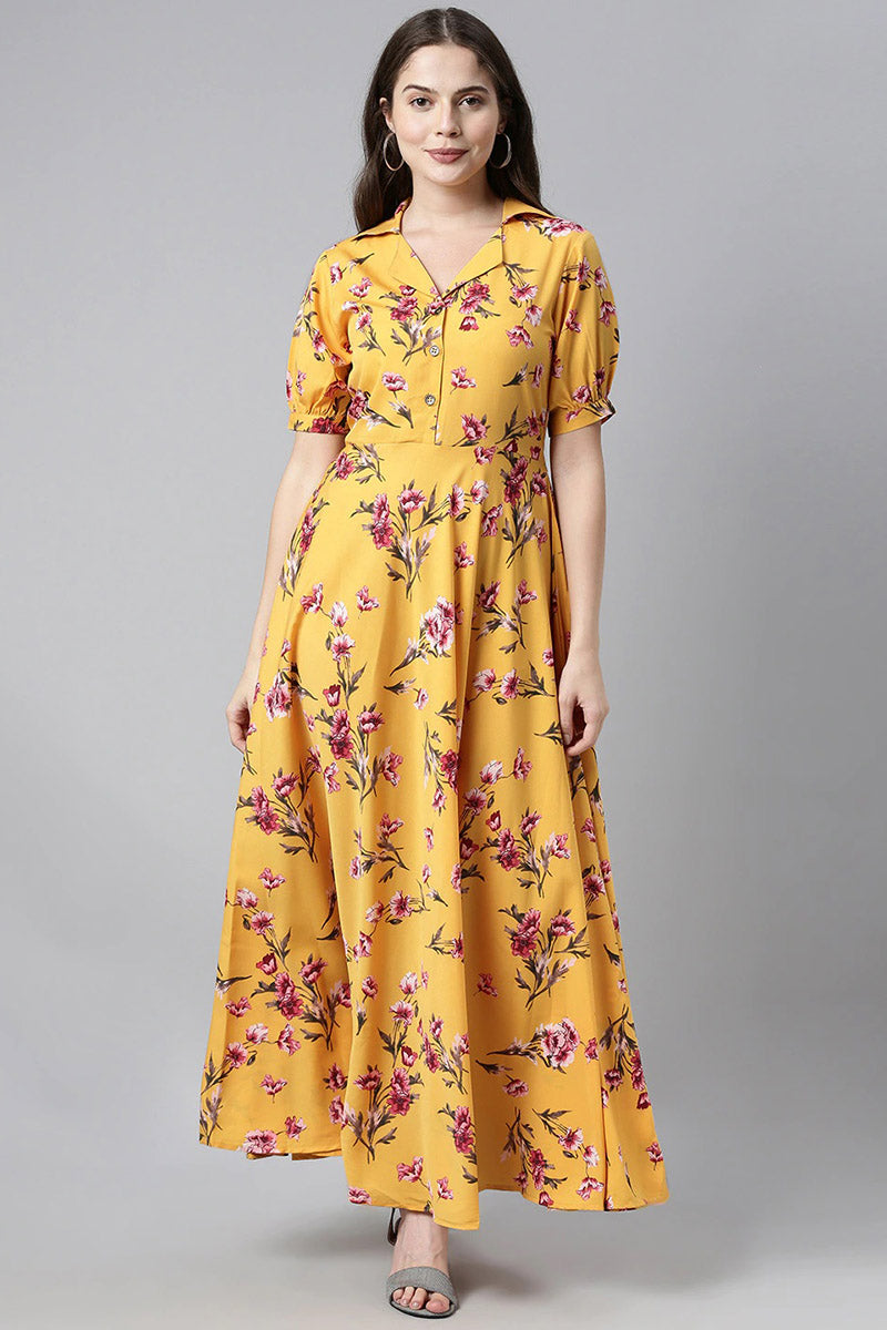 Ahika Women Yellow & Pink Floral Print Georgette Fit & Flare Dress