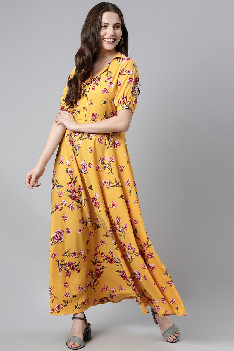 Ahika Women Yellow & Pink Floral Print Georgette Fit & Flare Dress