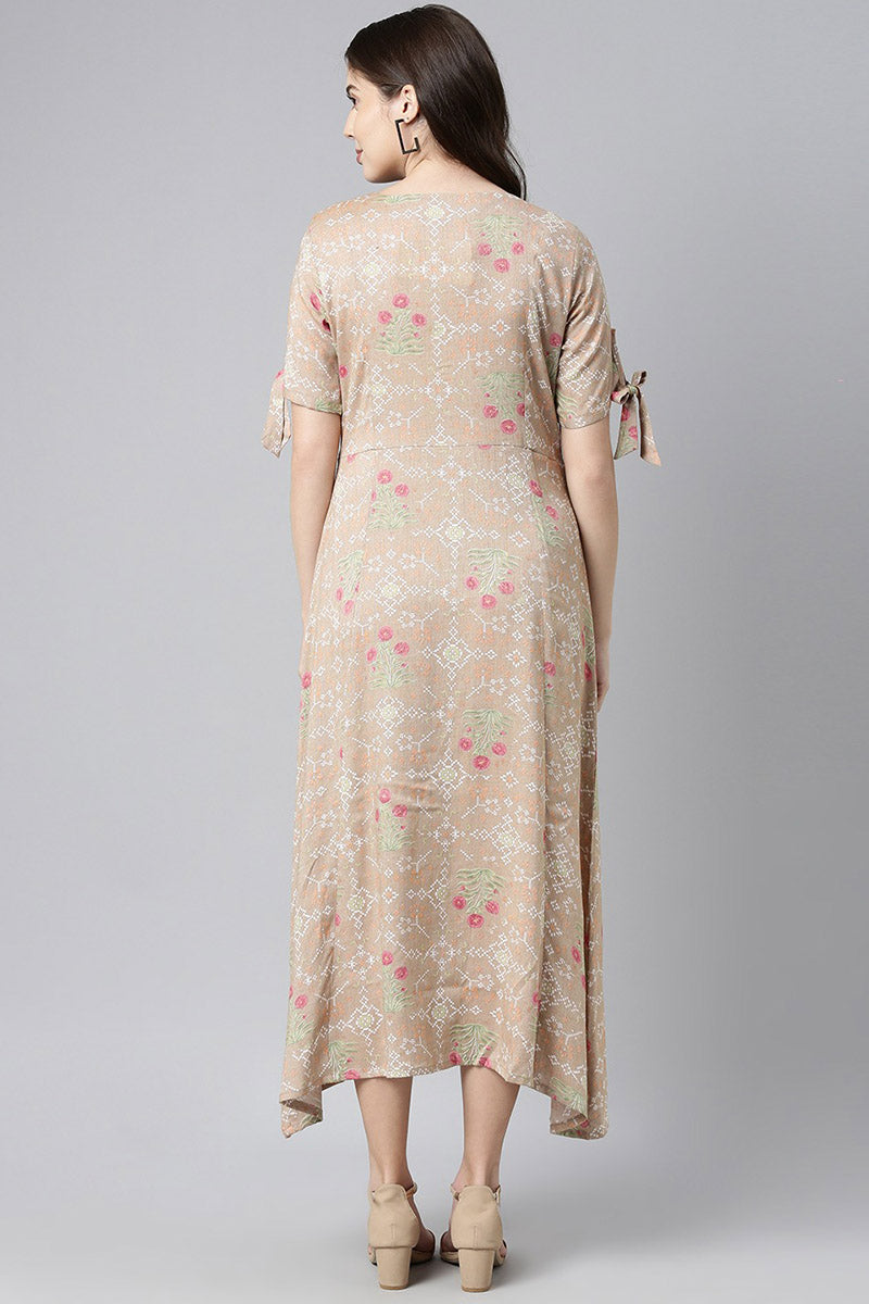 Ahika Women Pure Cotton Brown & Pink Floral Print A-Line Midi Dress