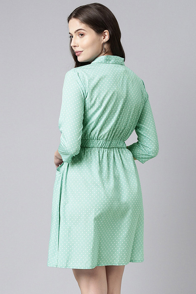 AHIKA Green White Fit and Flare Dress with Waist Tie-Ups