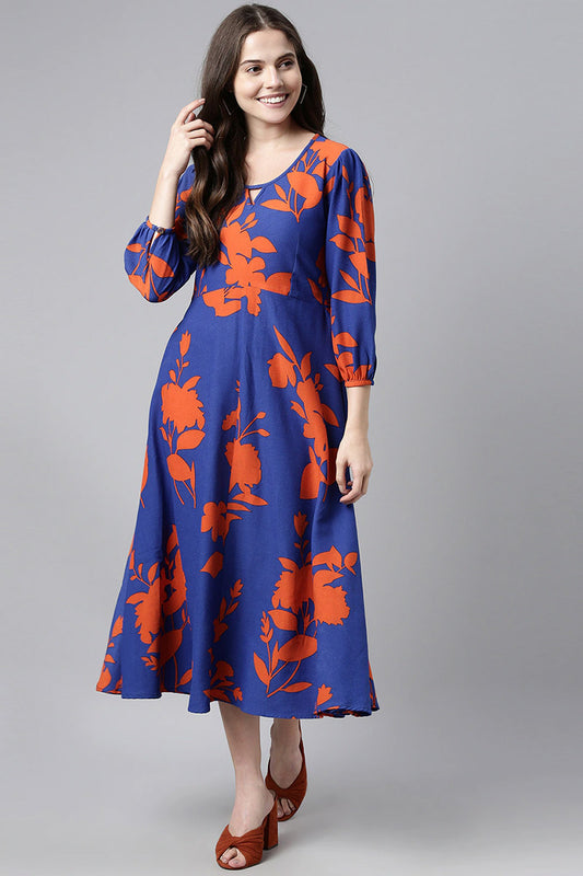 AHIKA Women Blue Orange Floral Print Georgette Fit Flare Dress