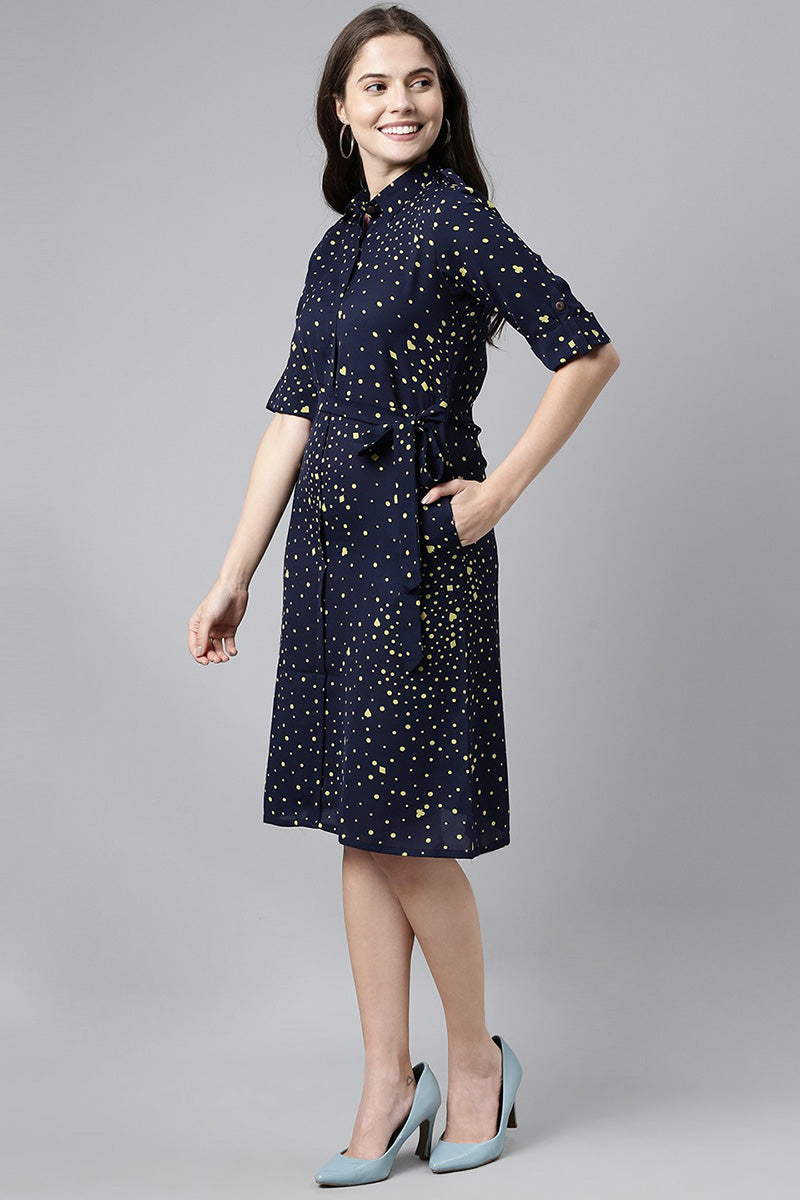 Tokyo talkies navy 2024 blue printed shirt dress