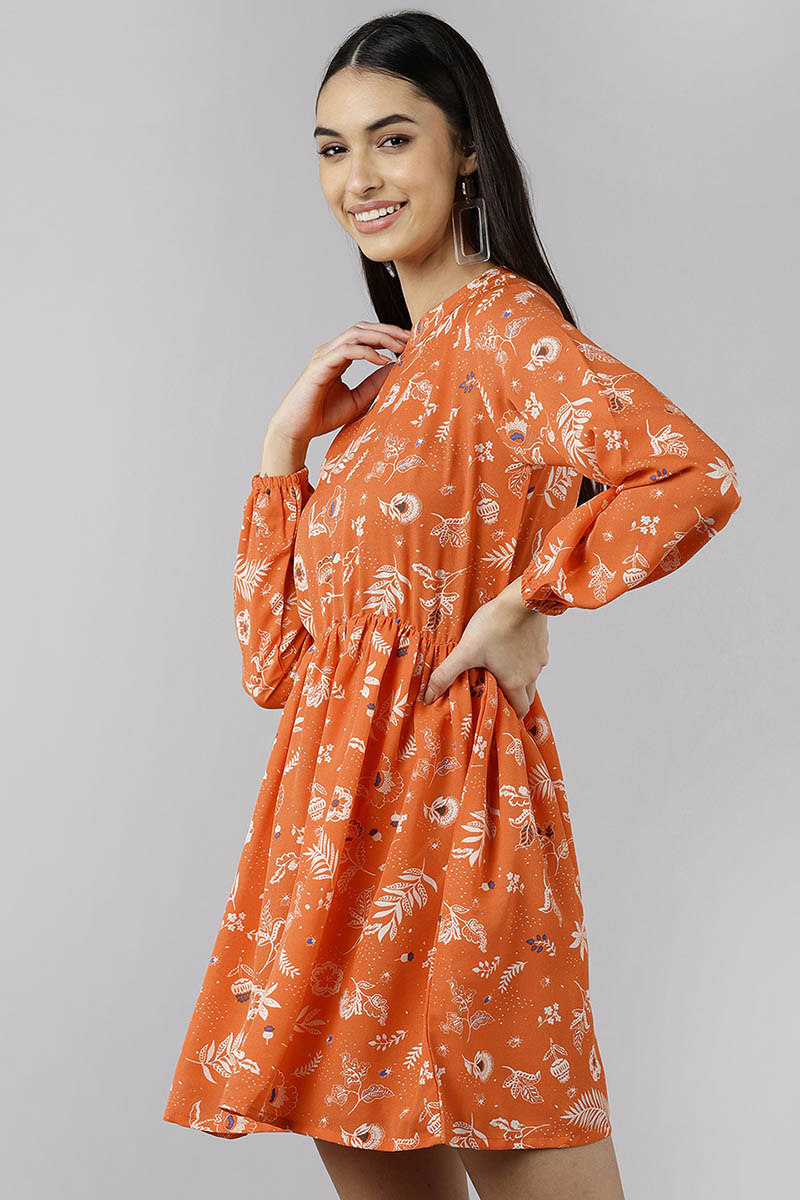 Ahika Women Orange Floral Printed Dress
