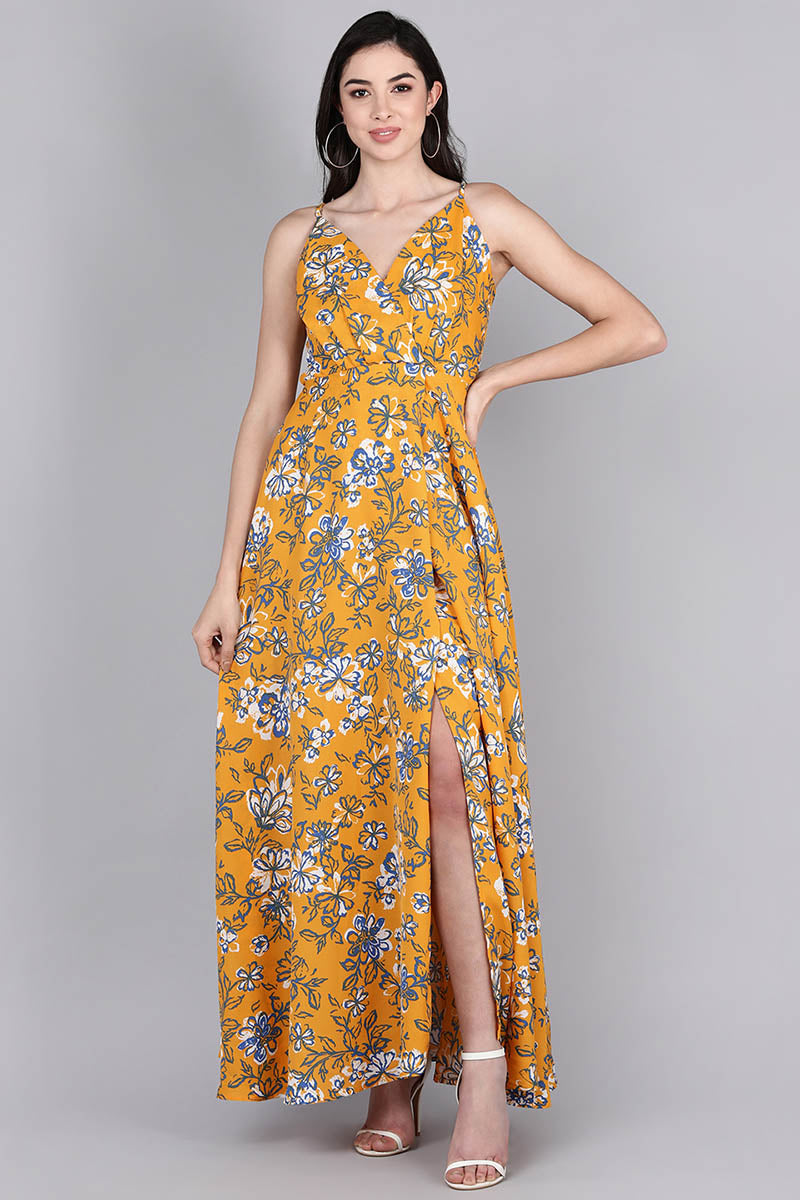 Mustard Polyester Floral Print Flared Maxi Dress VD1159