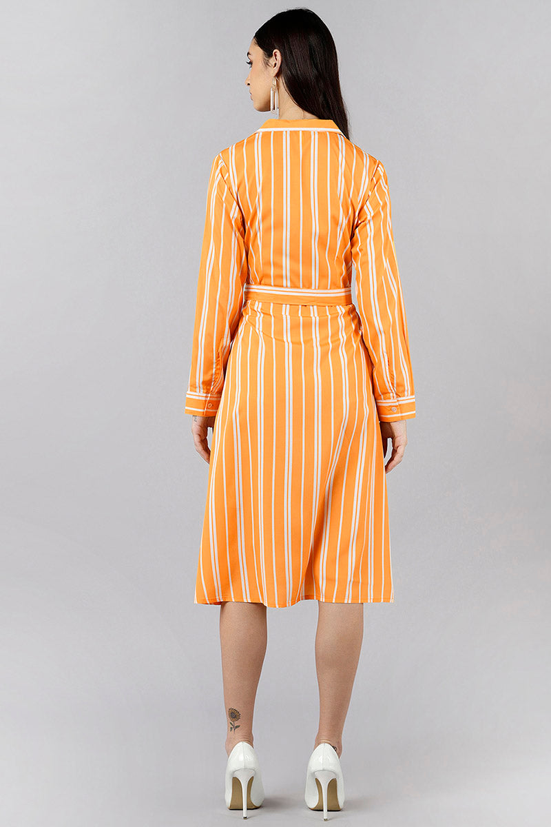 Orange Polyester Striped Midi Dress VD1161