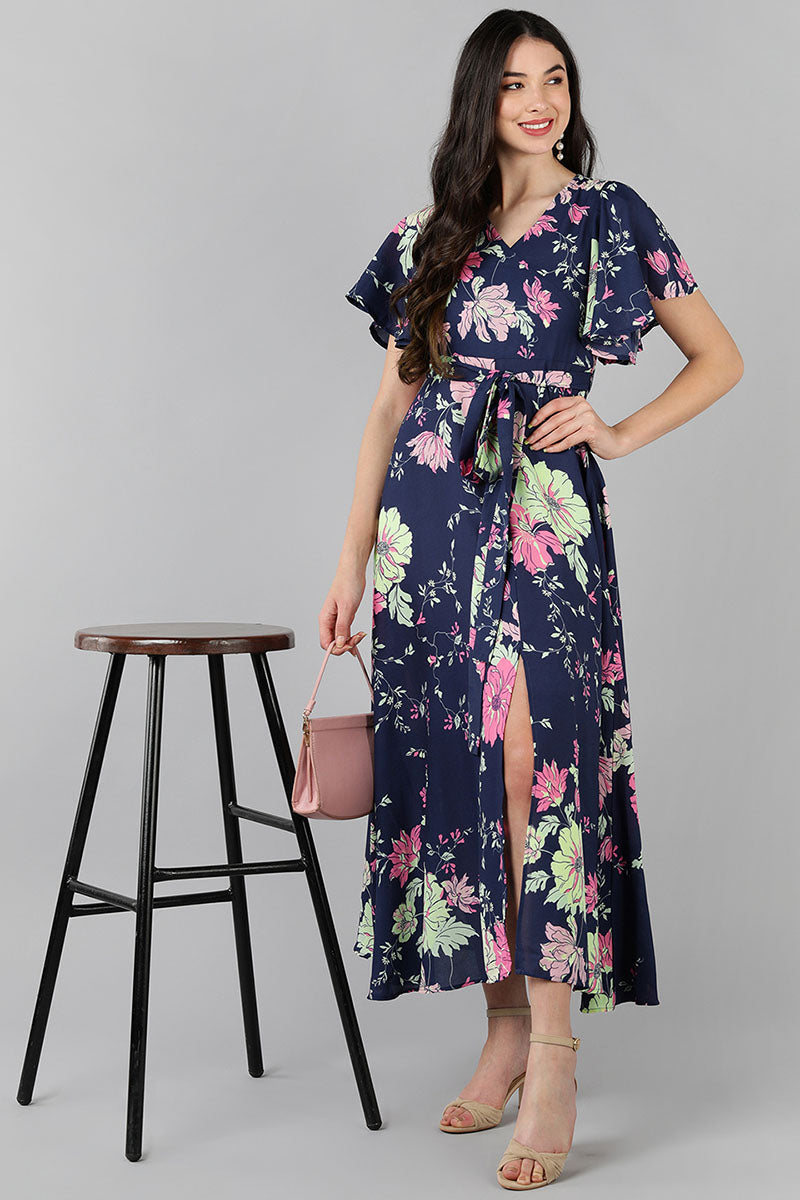 Floral Printed Mirror & Cutdana Embroidered Pleated Flared Maxi Dress –  FASHOR