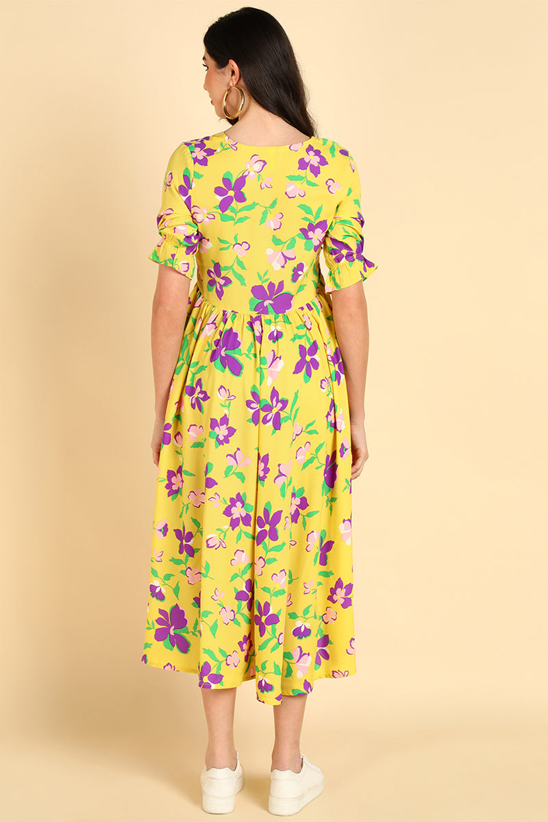 AHIKA Women Yellow Georgette Printed Dress