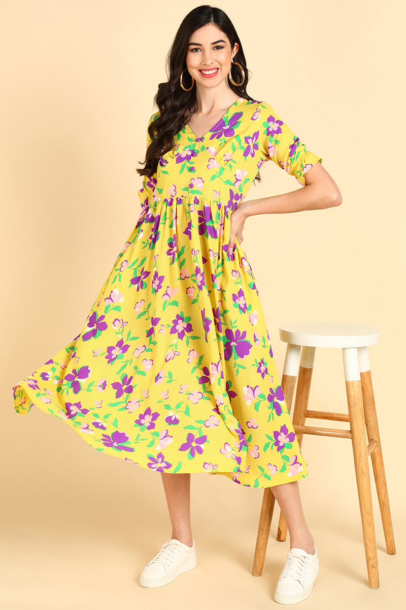 AHIKA Women Yellow Georgette Printed Dress