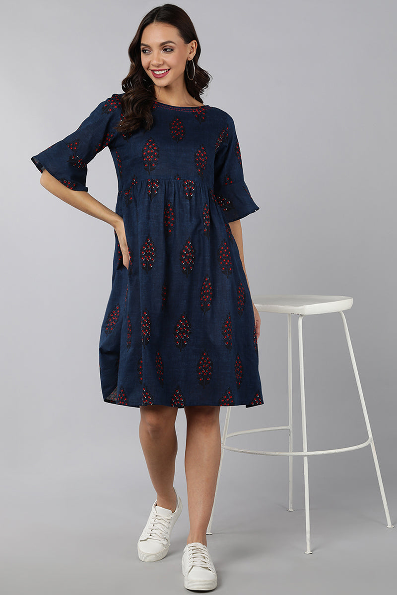 Navy Blue Cotton Ethnic Motifs Midi Dress VD1193