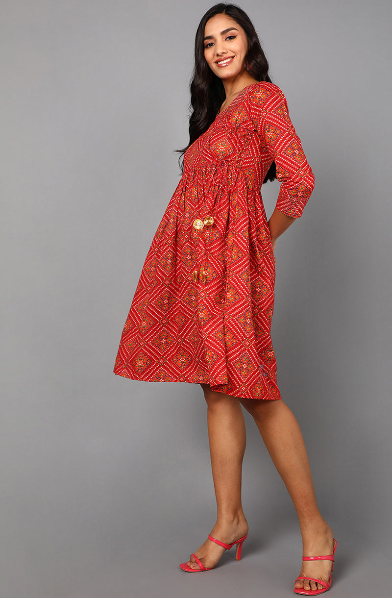 Red Cotton Bandhani Midi Dress VD1241