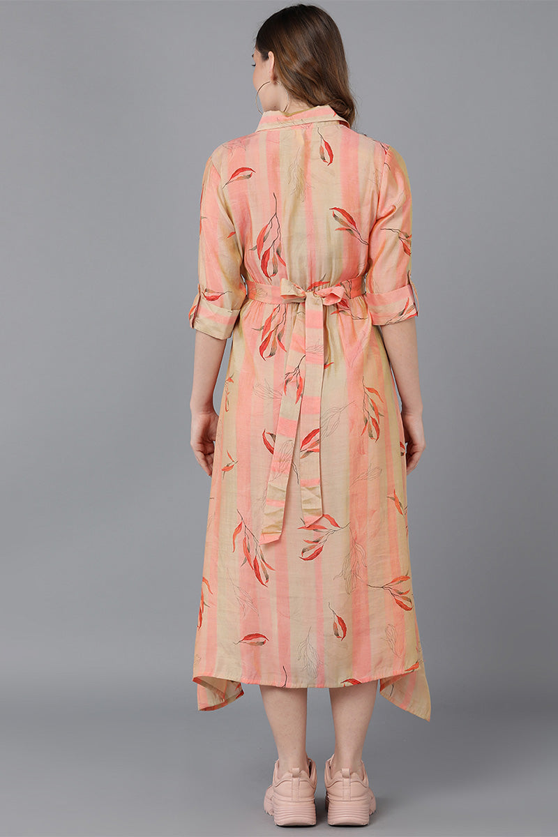 Peach Crepe Floral Print Midi Dress VD1295