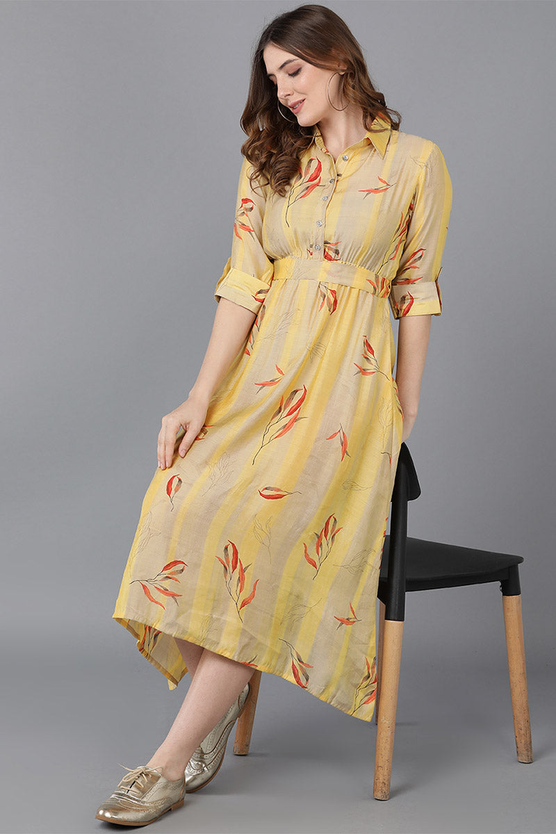 Ahika Women Yellow Polyester Striped Dresses 