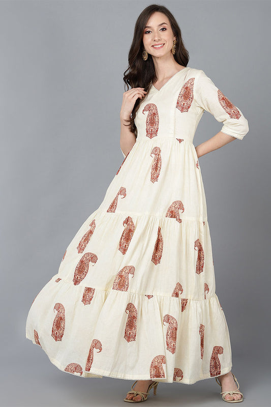 Cream Cotton Solid Ethnic Motifs Maxi Dress VD1320