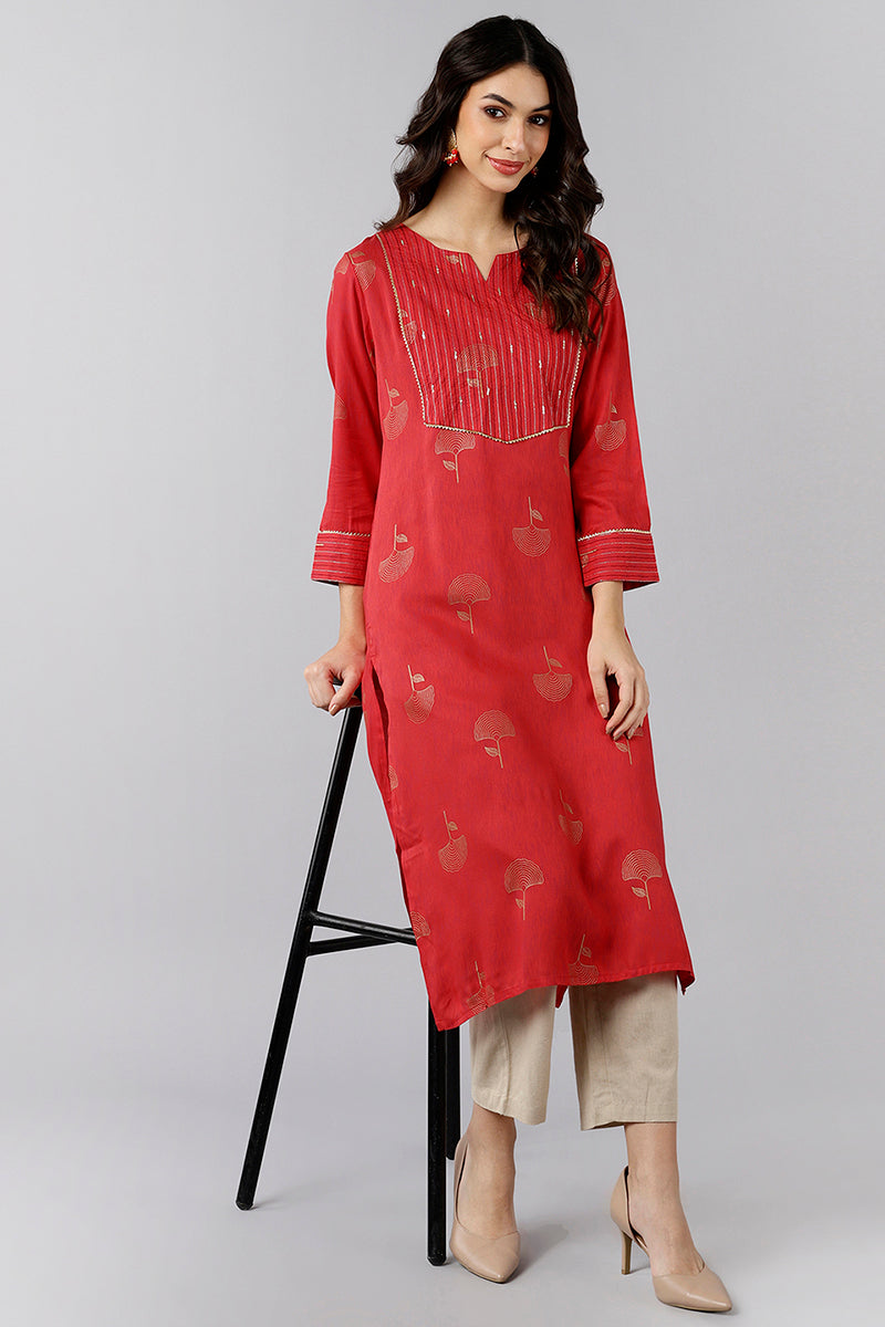 Red Cotton Sequin Embroidered Straight Kurti VEK1065