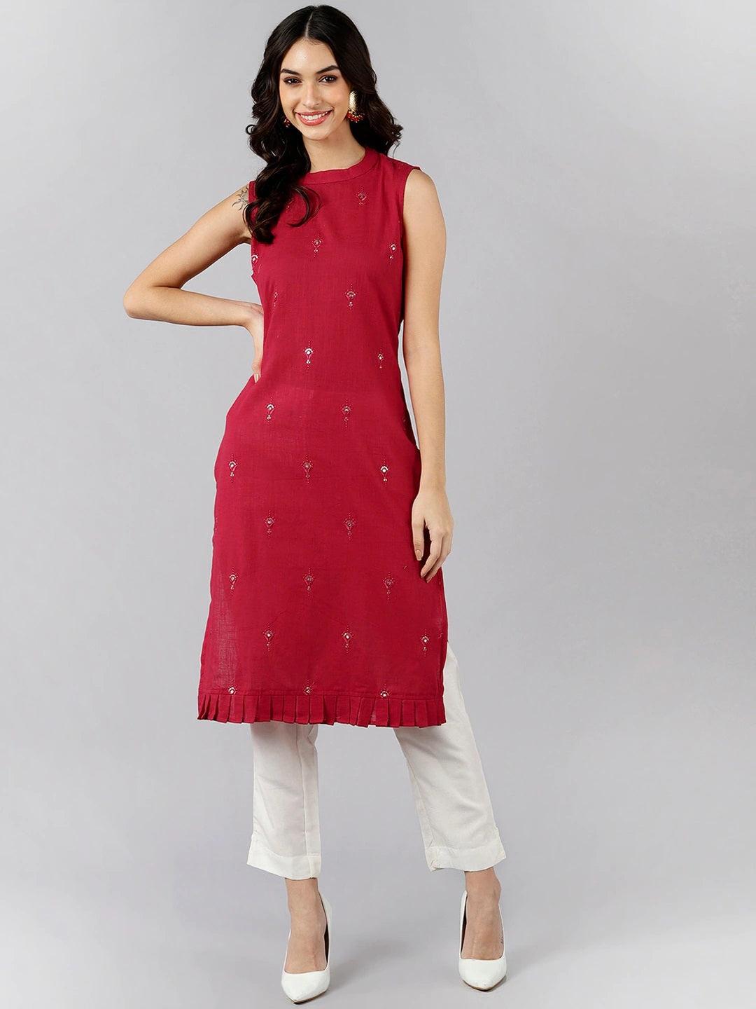 AHIKA Women Red Solid Embroidered Kurtas