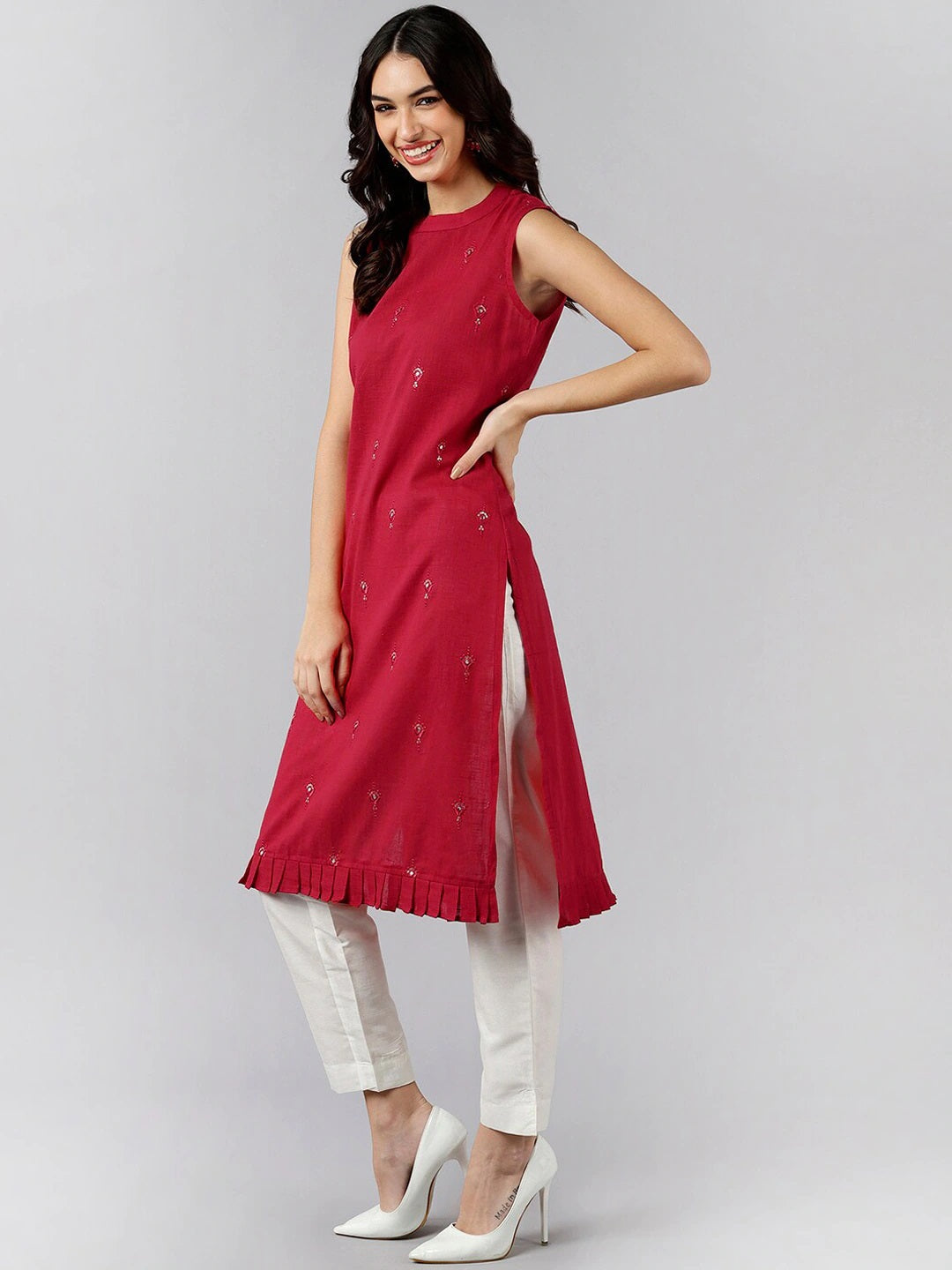 AHIKA Women Red Solid Embroidered Kurtas