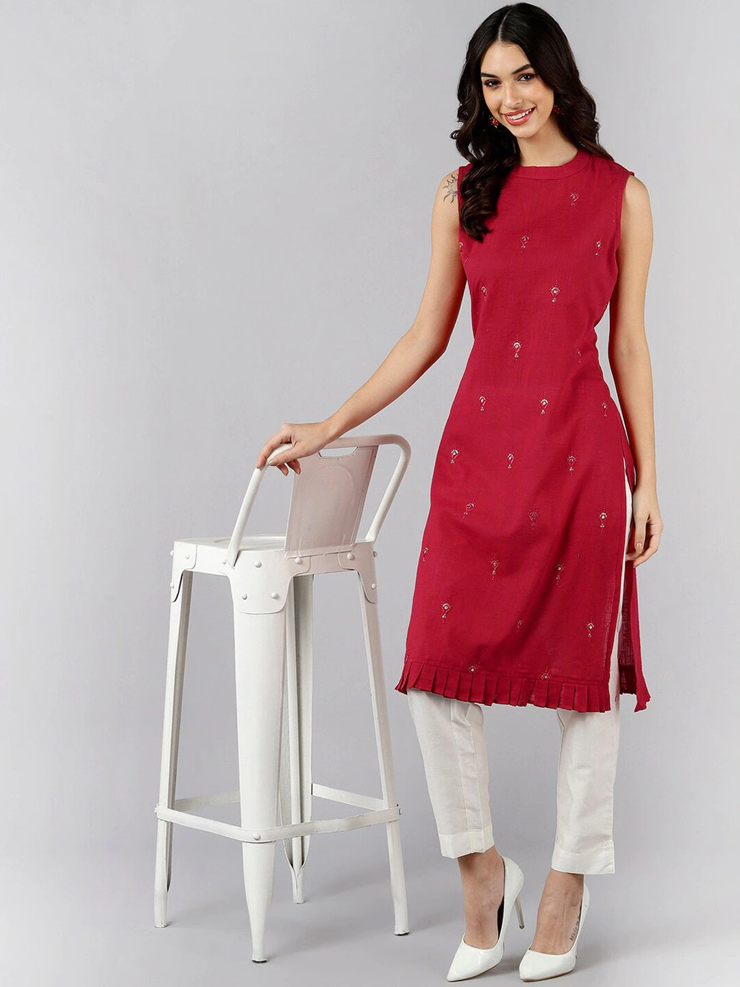 AHIKA Women Red Solid Embroidered Kurtas