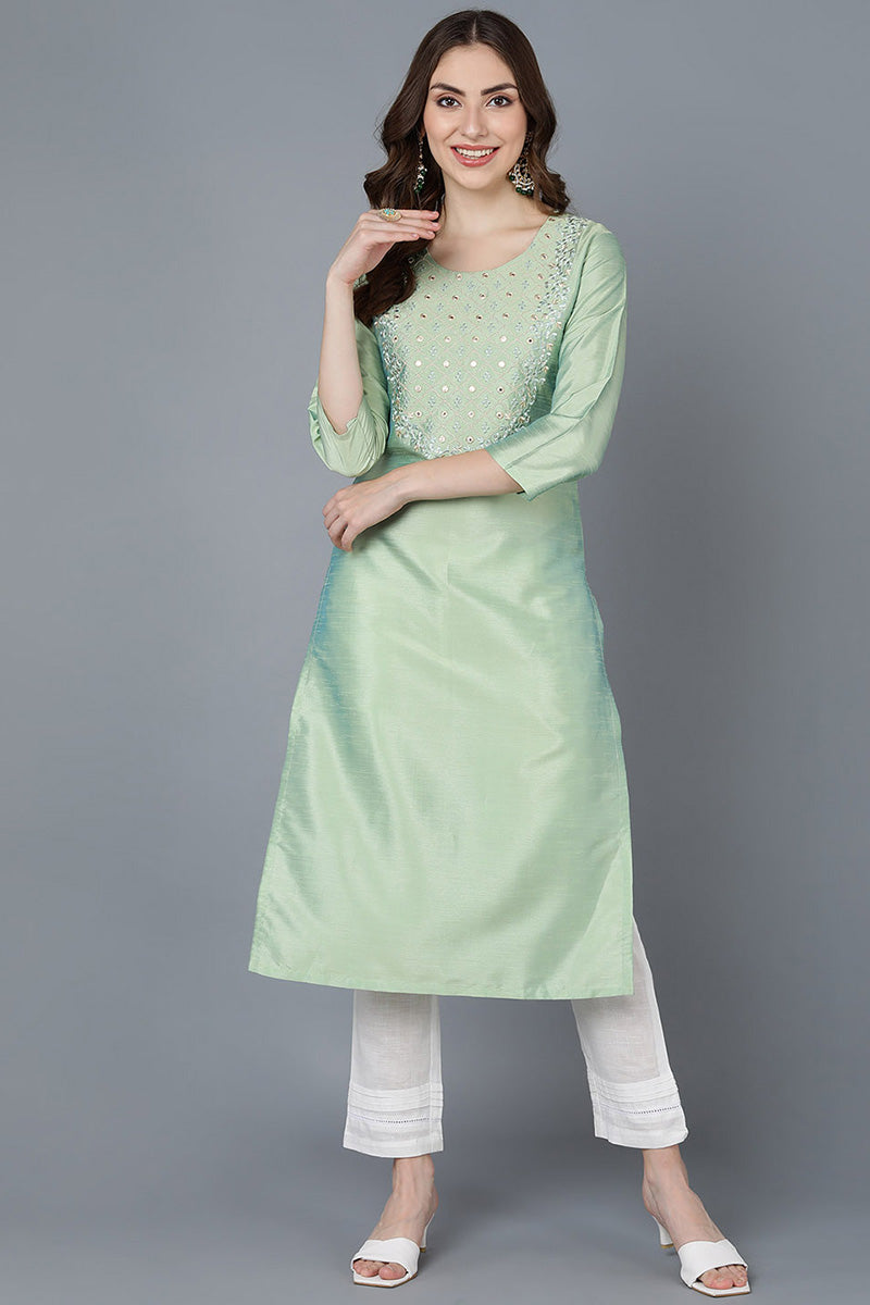 Ahika Women Sea Green Silk Embroidered Kurta 