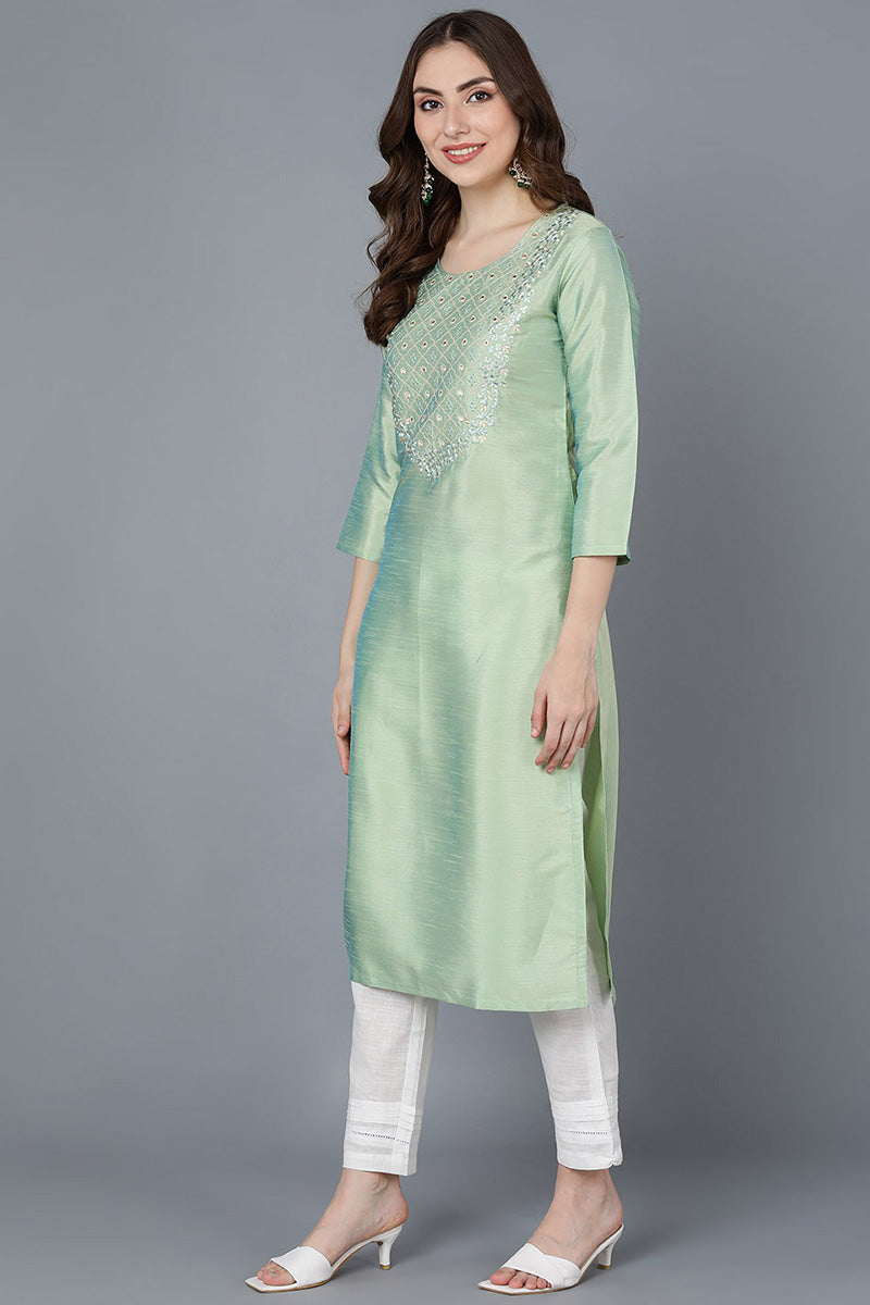 Ahika Women Sea Green Silk Embroidered Kurta 