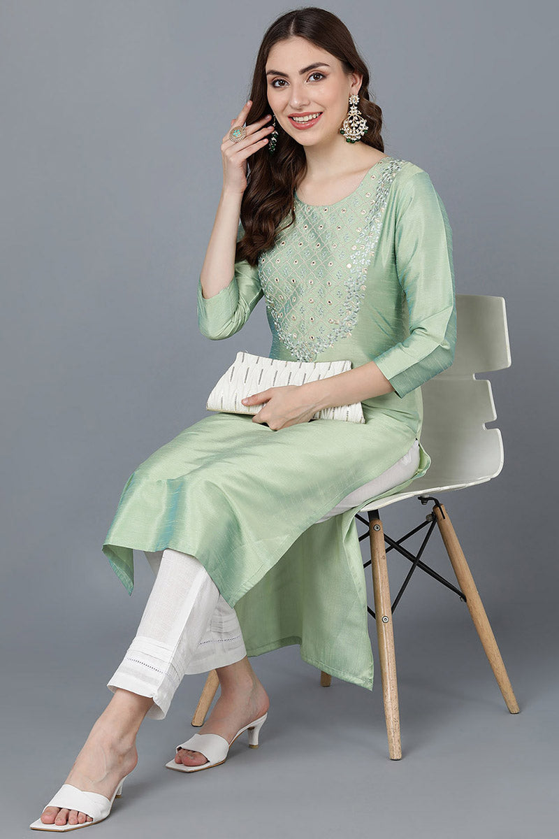 Ahika Women Sea Green Silk Embroidered Kurta 