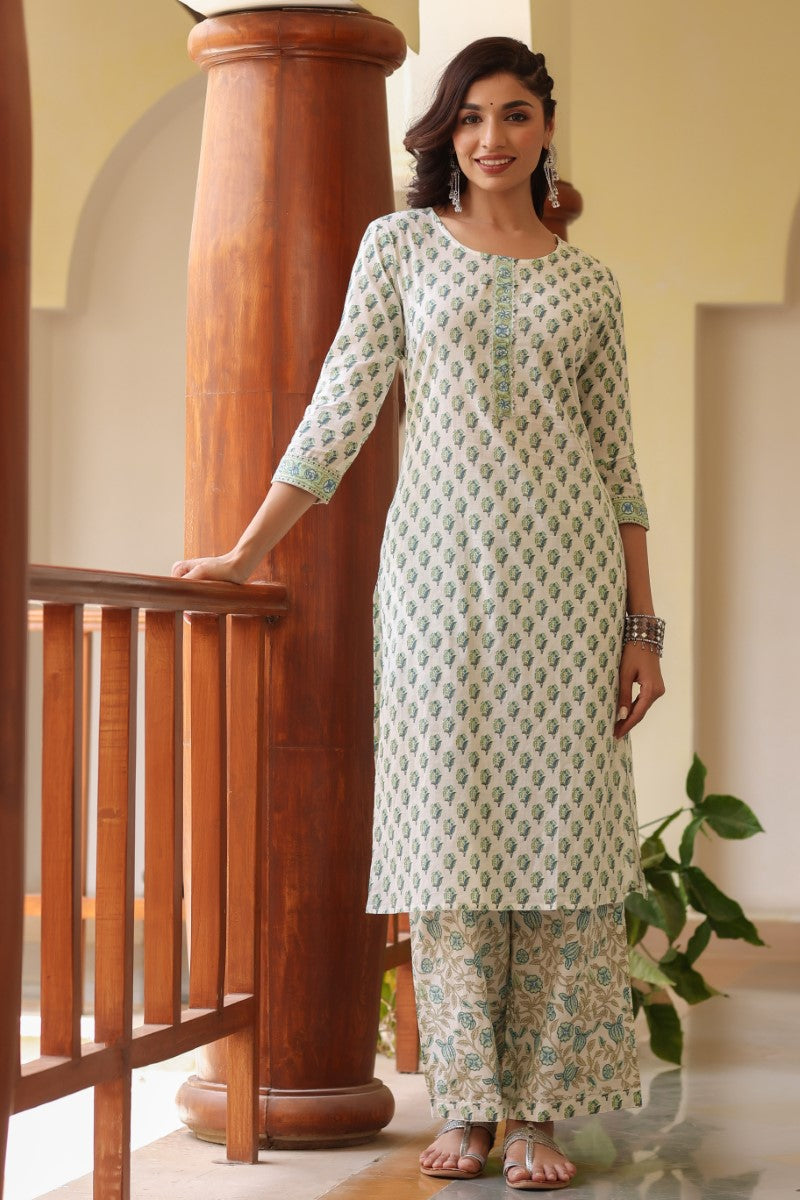 Ahika Women Off White and Green Color Cotton Fabric Printed Fancy Kurta and Palazzo Set