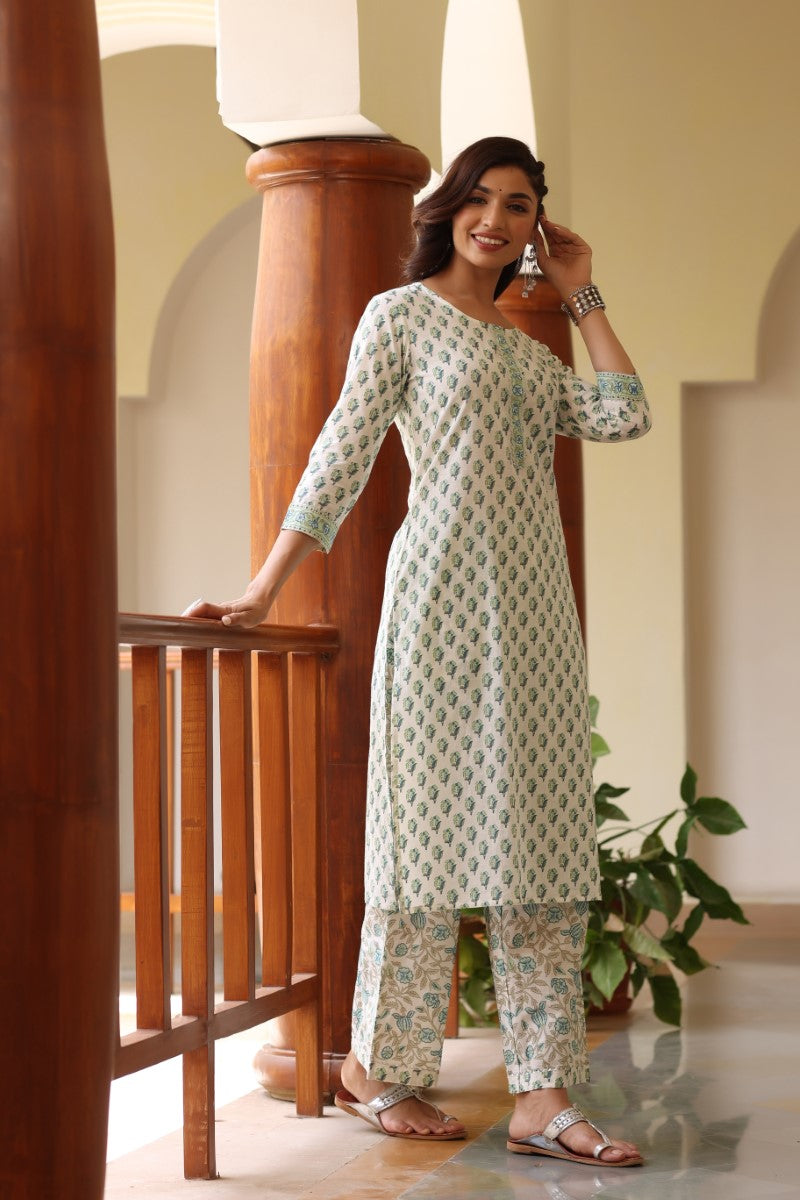 Ahika Women Off White and Green Color Cotton Fabric Printed Fancy Kurta and Palazzo Set