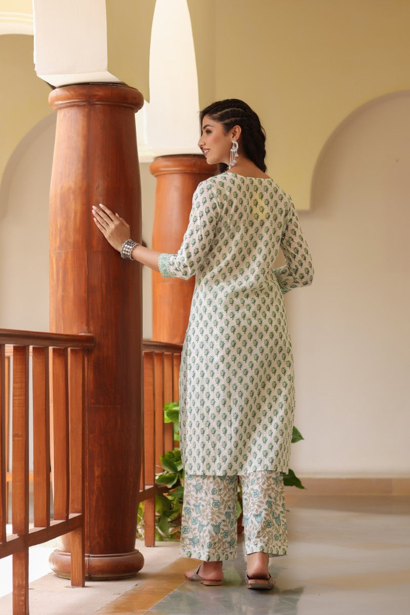 Ahika Women Off White and Green Color Cotton Fabric Printed Fancy Kurta and Palazzo Set