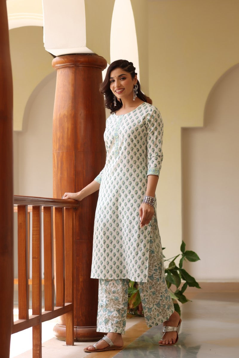 Ahika Women Off White and Green Color Cotton Fabric Printed Fancy Kurta and Palazzo Set