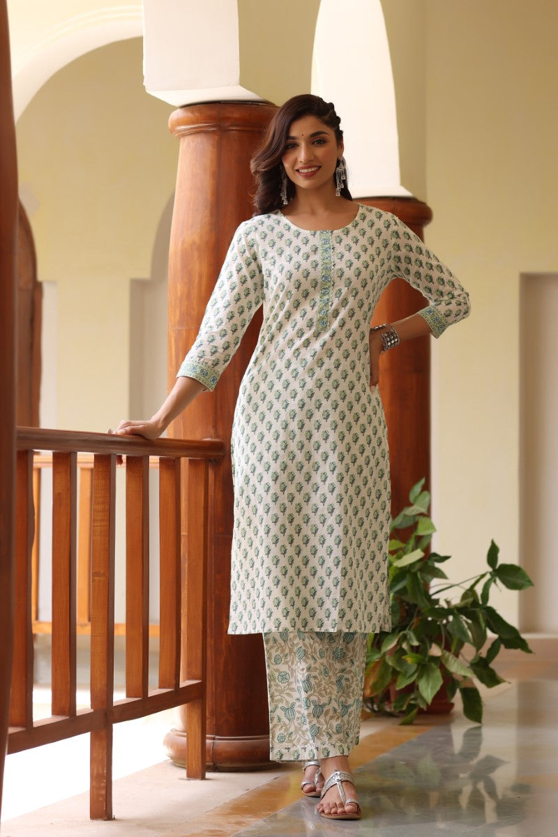 Ahika Women Off White and Green Color Cotton Fabric Printed Fancy Kurta and Palazzo Set