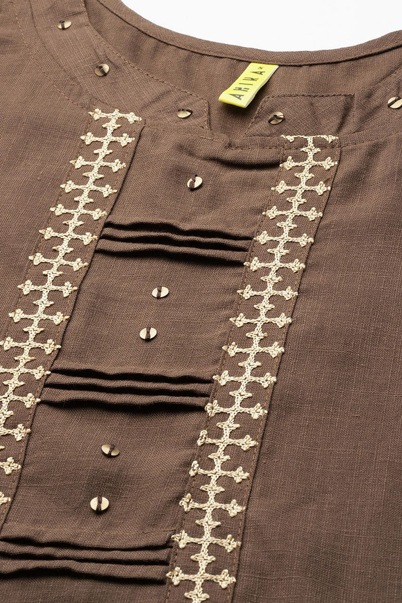 Ahika Women Cotton Brown Embroidered Printed Straight Kurta Pant Set 