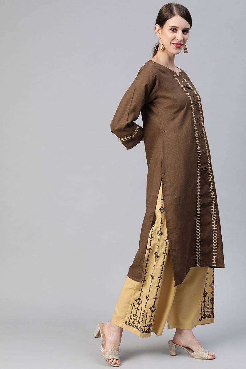 Ahika Women Cotton Brown Embroidered Printed Straight Kurta Pant Set 