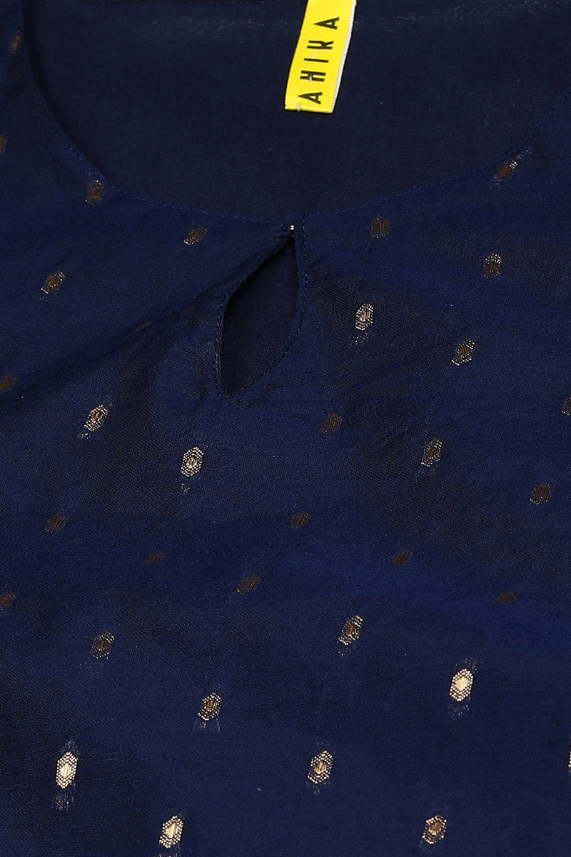 Ahika Women Cotton Navy Blue Geometric Printed Straight Kurta Pant Set 