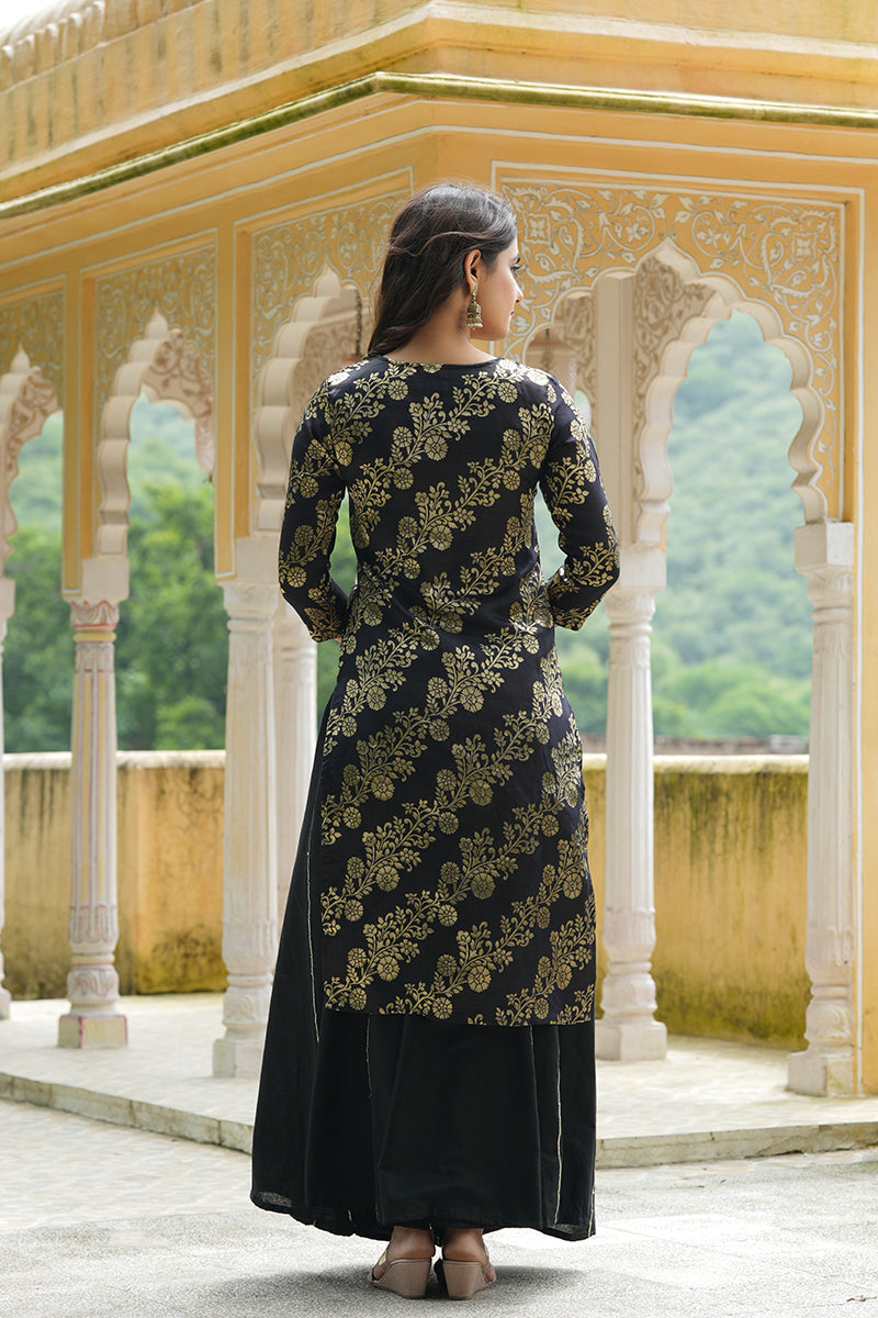 AHIKA Women Black Gold Toned Ethnic Motifs Woven Design Pure Cotton Kurta with Skirt Set