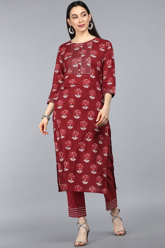 AHIKA Women Maroon Floral Printed Pure Cotton Kurta with Trousers